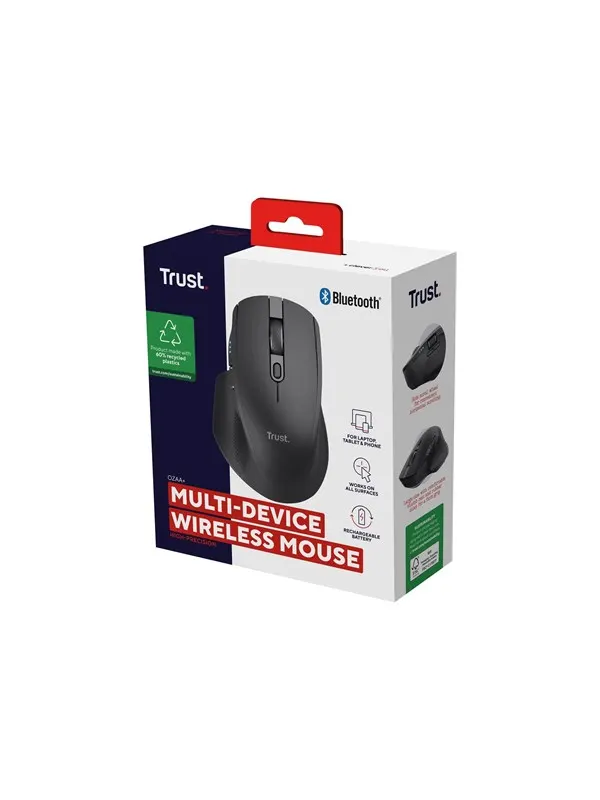 Trust Ozaa+ - mouse - multi-device - Bluetooth 2.4 GHz - black - Mouse - Optic - 6 knappar - Svart