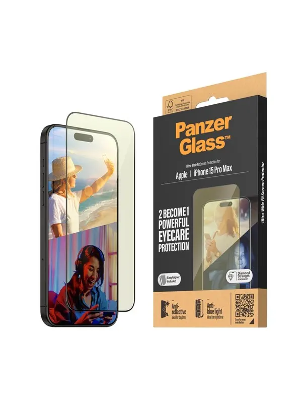 PanzerGlass Eyecare Screen Protection iPhone 15 Pro Max | Ultra-Wide Fit w. EasyAligner