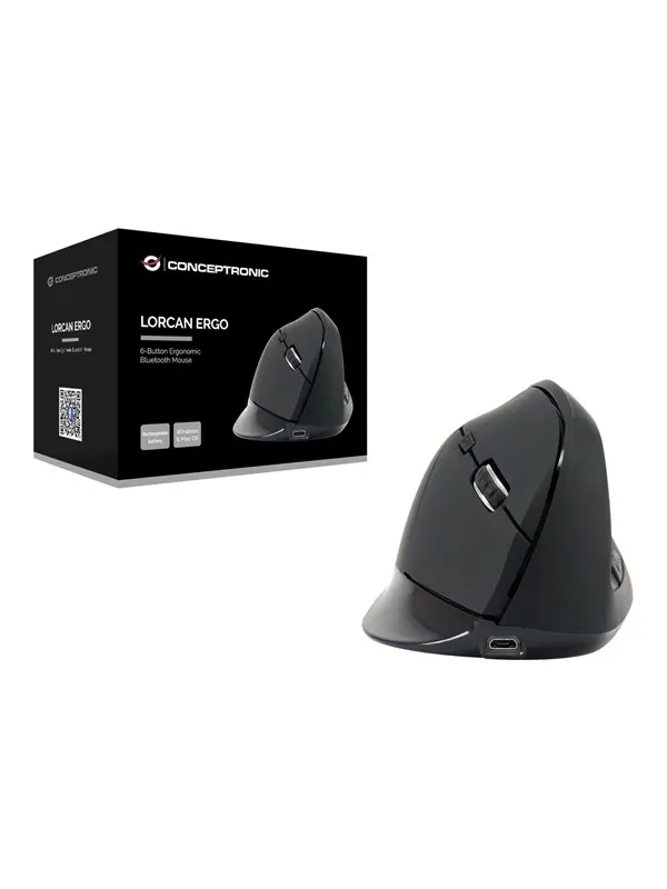 Conceptronic LORCAN03B ERGO - vertical mouse - Bluetooth 5.2 - black - Vertical mouse - Optic - 6 knappar - Svart