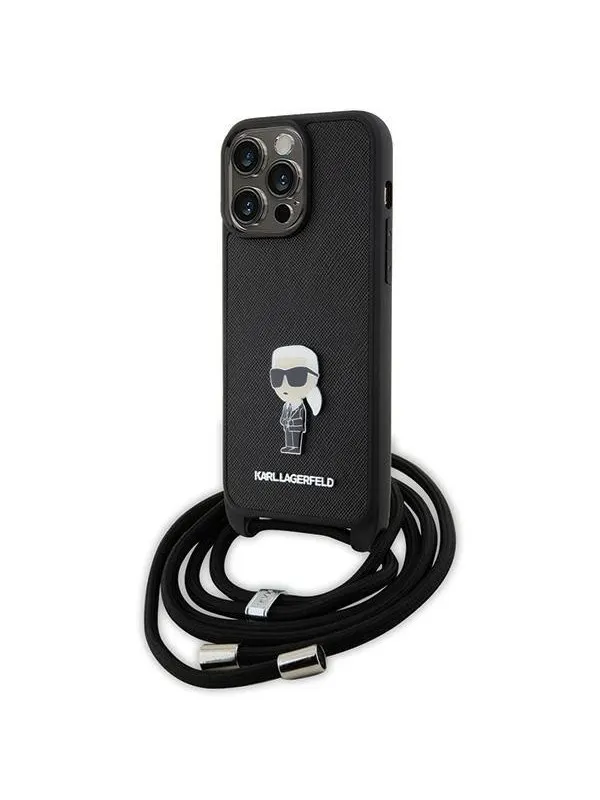 Karl Lagerfeld Crossbody Saffiano Monogram Metal Pin Karl & Choupette Case for iPhone 15 Pro Max - Black