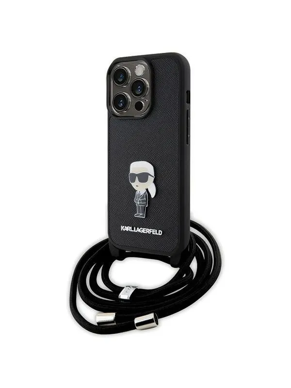 Karl Lagerfeld Crossbody Saffiano Monogram Metal Pin Karl &amp; Choupette Case for iPhone 15 Pro - Black