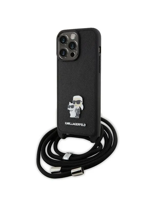 Karl Lagerfeld Crossbody Saffiano Metal Pin Karl & Choupette Case for iPhone 15 Pro Max - Black