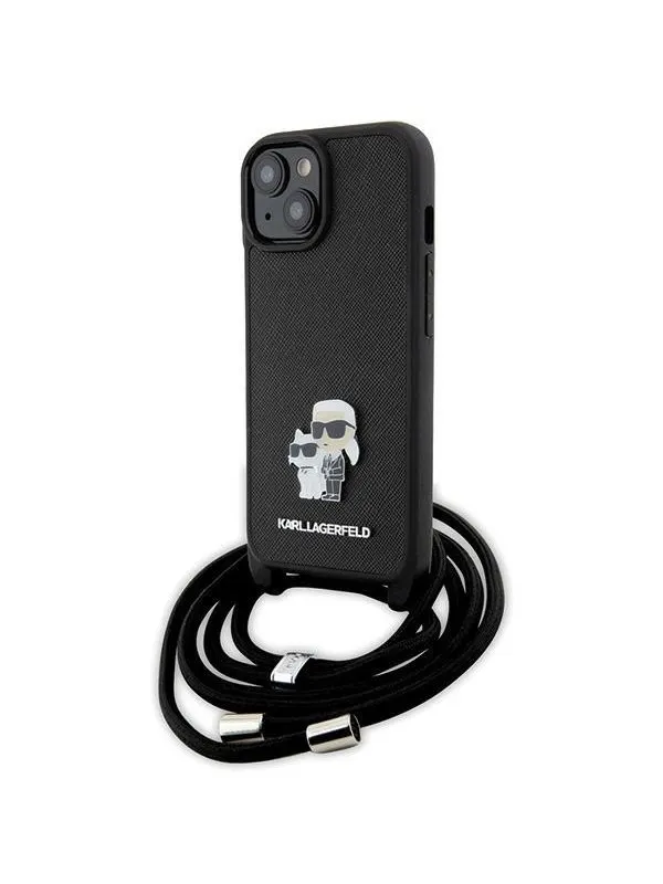 Karl Lagerfeld Crossbody Saffiano Metal Pin Karl &amp; Choupette case for iPhone 15 Plus - black