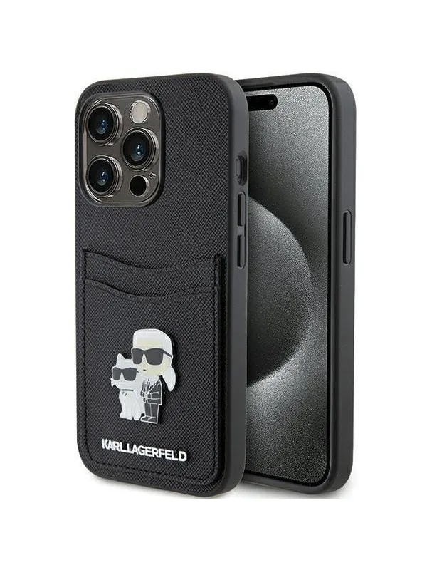 Karl Lagerfeld Saffiano Cardslot Karl&amp;Choupette Metal Pin case for iPhone 15 Pro - black