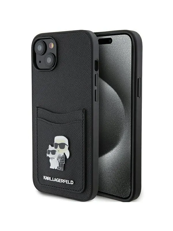 Karl Lagerfeld Saffiano Cardslot Karl&amp;Choupette Metal Pin case for iPhone 15 - black