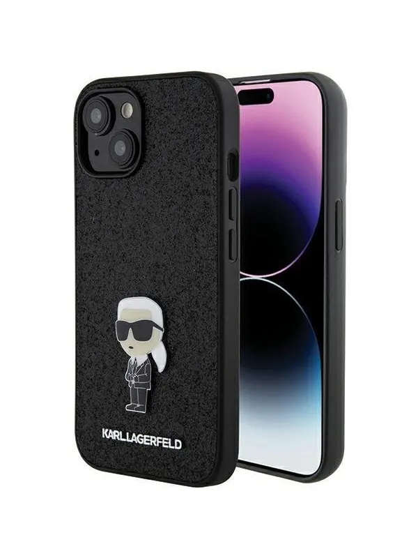 Karl Lagerfeld Fixed Glitter Ikonik Logo Metal Pin case for iPhone 15 - black