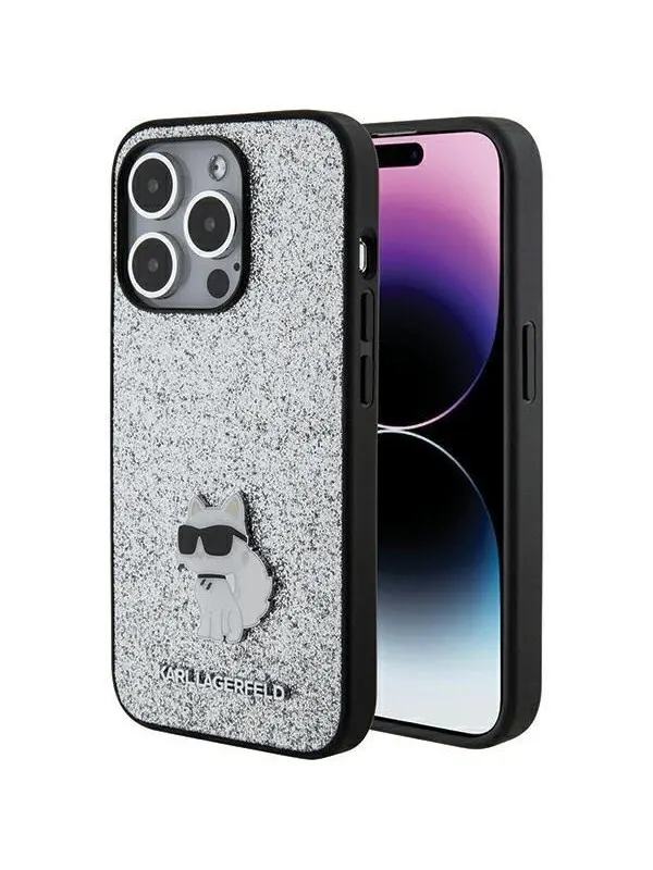Karl Lagerfeld Fixed Glitter Choupette Logo Metal Pin Case for iPhone 15 Pro Max - Silver