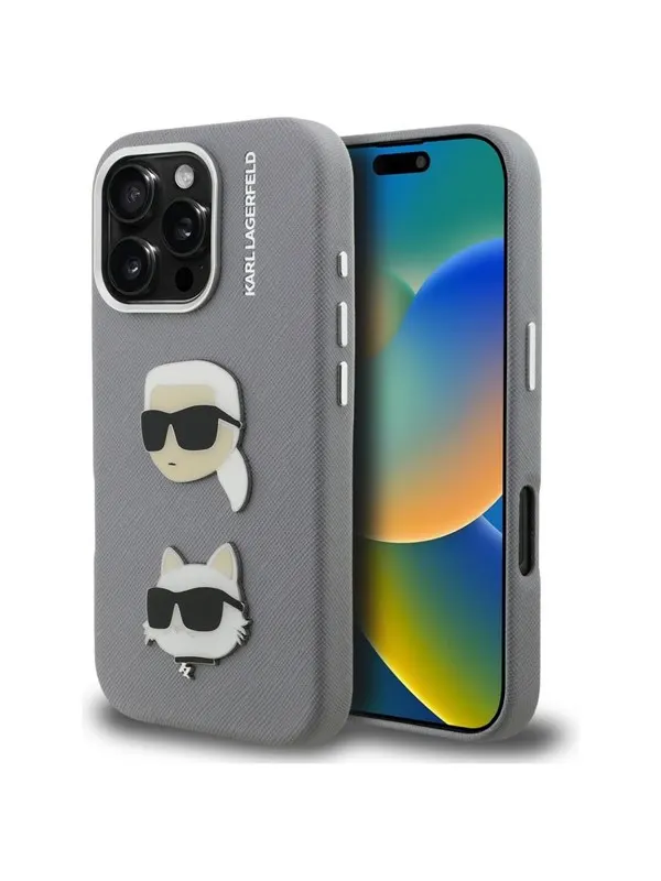 Karl Lagerfeld FW Grained Karl & Choupette Heads Pins Case for iPhone 16 Pro - Gray