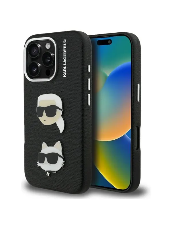Karl Lagerfeld FW Grained Karl & Choupette Heads Pins Case for iPhone 16 Pro - Black