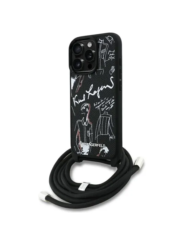 Karl Lagerfeld Crossbody Grained Pattern &amp; Logo Case for iPhone 16 Pro Max - Black