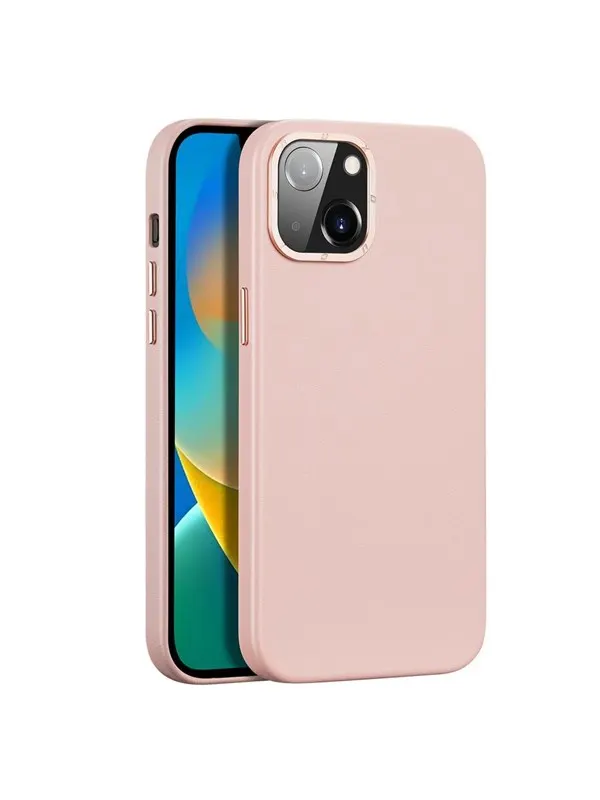 Dux Ducis Grit Leather Case for iPhone 14 Plus Elegant Faux Leather Case (MagSafe Compatible) Pink