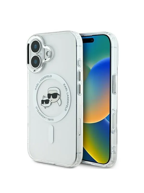 Karl Lagerfeld IML Metal Karl&amp;Choupette Head MagSafe Case for iPhone 16 - White