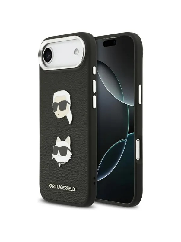 Karl Lagerfeld FW Grained Karl & Choupette Heads Pins & Logo iPhone Air Case - Black