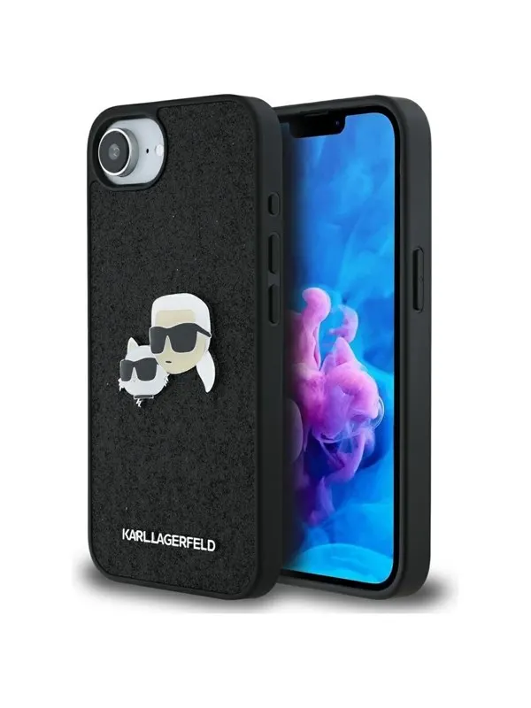 Karl Lagerfeld Fixed Glitter Karl&amp;Choupette Heads Metal Pin iPhone 16e Case - Black