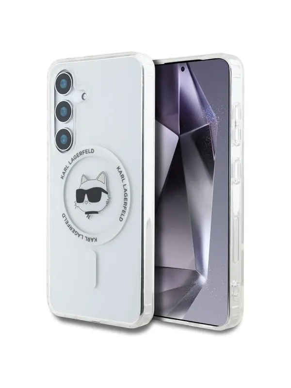 Karl Lagerfeld Button Choupette Head Printed Logo MagSafe Samsung Galaxy S25 Plus white
