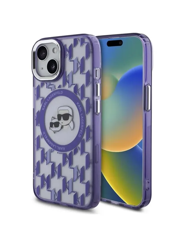 Karl Lagerfeld IML Monogram Karl &amp; Choupette Head MagSafe iPhone 15 Case - Purple