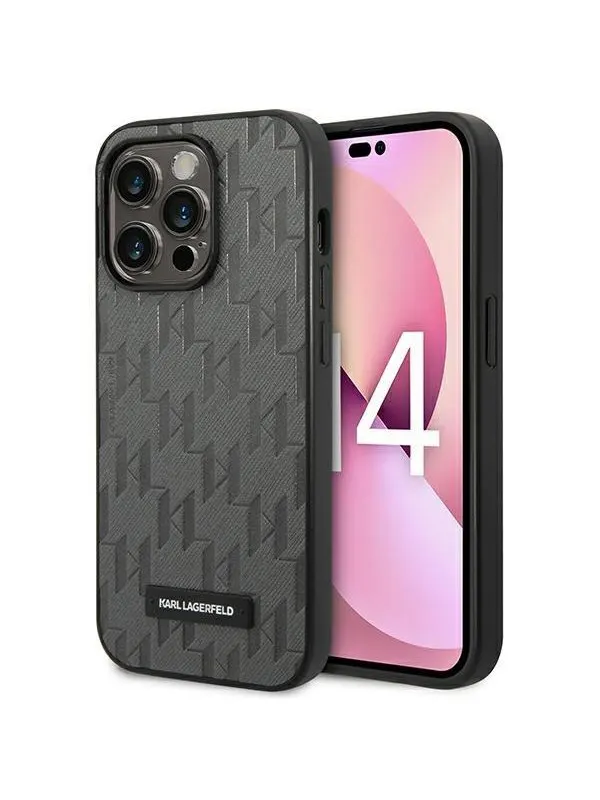 Karl Lagerfeld Saffiano Mono Metal Logo iPhone 14 Pro Max 6.7" Case - Gray