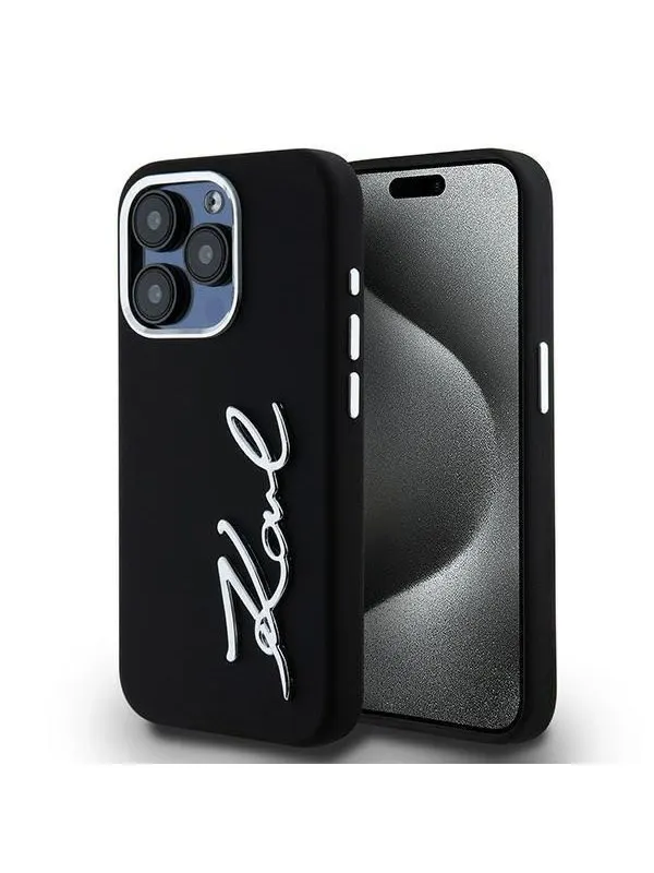 Karl Lagerfeld Silicone Metal Script Logo case for iPhone 15 Pro - black