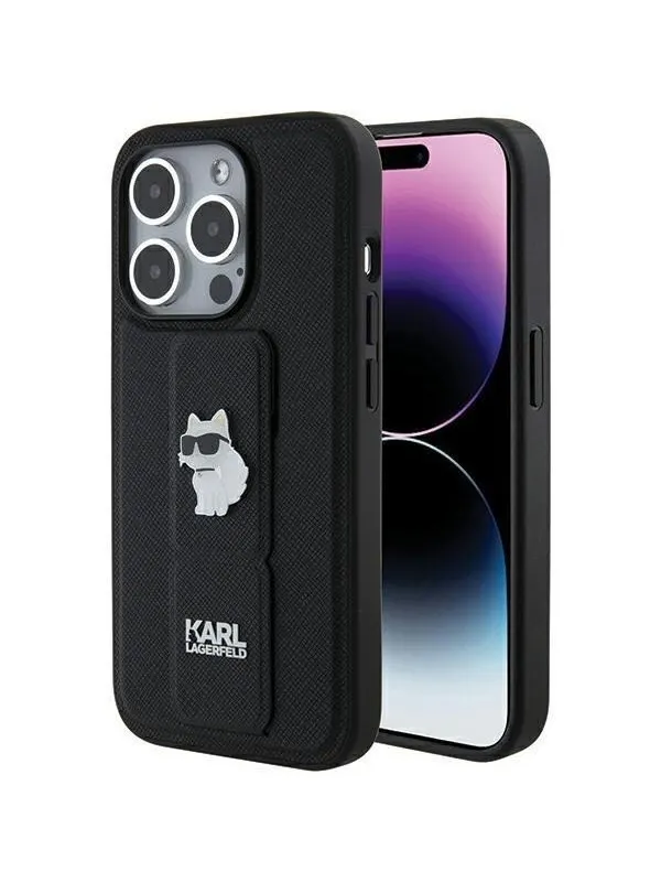 Karl Lagerfeld Gripstand Saffiano Choupette Pins case for iPhone 15 Pro Max - black