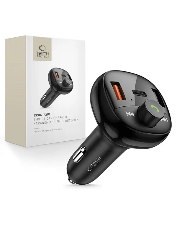 Tech-Protect CC06 3-Port PD72W Car Charger with Transmitter - Black