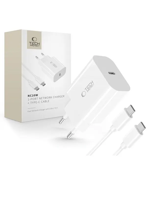 Tech-Protect NC20W PD20W USB-C AC Charger with USB-C Cable - White