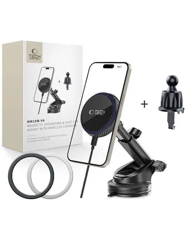 Tech-Protect MM15W-V4 Magnetic MagSafe 15W Car Mount for Cockpit / Windshield / Air Vent - Black