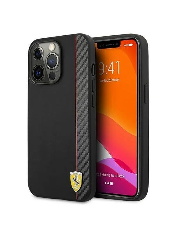 Ferrari iPhone 13 Pro Max Cover Carbon Effect Metal Logo Vertical Stripe - Black