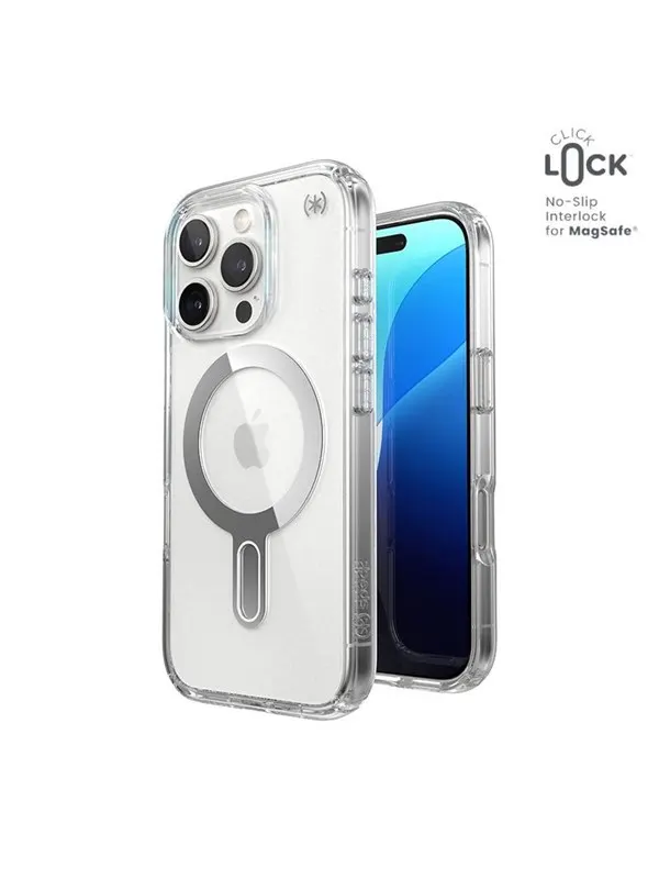 Speck Presidio Perfect-Clear ClickLock &amp; MagSafe - iPhone 16 Pro Case - Clear / Chrome Finish / Serene Silver