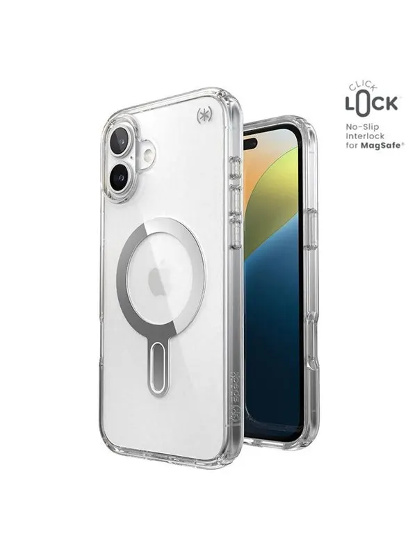 Speck Presidio Perfect-Clear ClickLock &amp; MagSafe - iPhone 16 Plus Case - Clear / Chrome Finish / Serene Silver