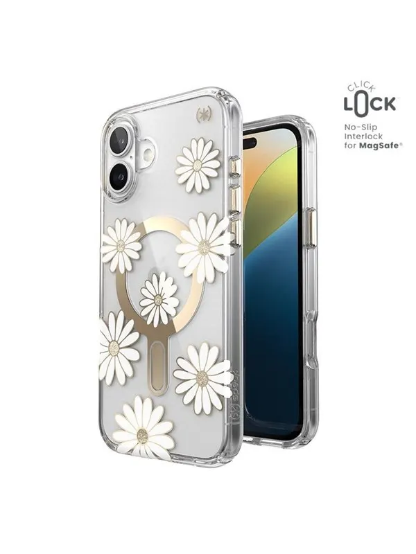 Speck Presidio Lux ClickLock &amp; MagSafe - iPhone 16 Plus Case - Sunshine Daisies / Clear / Gold