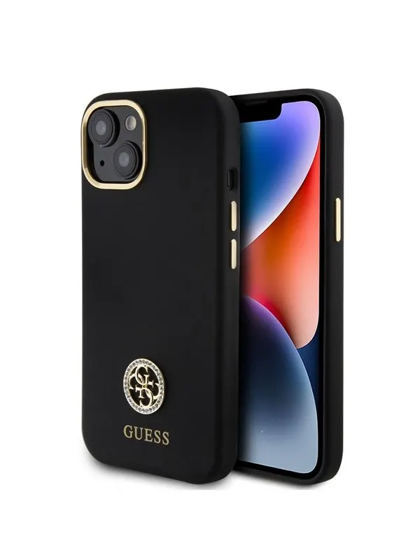 GUESS Silicone Logo Strass 4G Case for iPhone 15 - Black