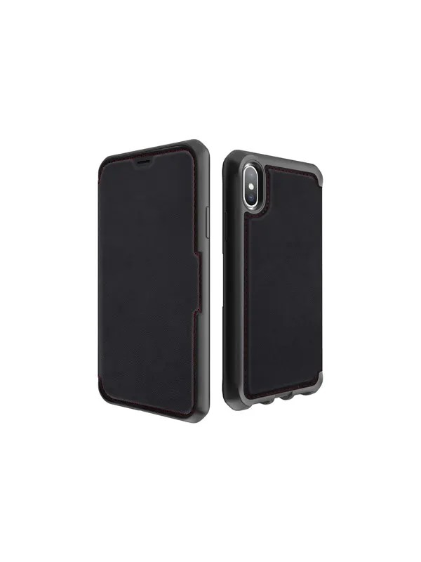 ITSKINS HYBRID FOLIO cover for iPhone XS Max®. Black and red with recycled leather