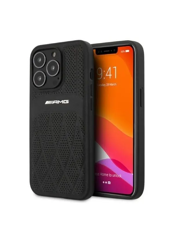 Mercedes AMG Leather Curved Lines Case for iPhone 13 Pro / iPhone 13 - Black