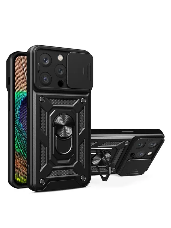 Hurtel Hybrid Armor Camshield Case for iPhone 14 Pro Max Armored Case with Camera Cover Black