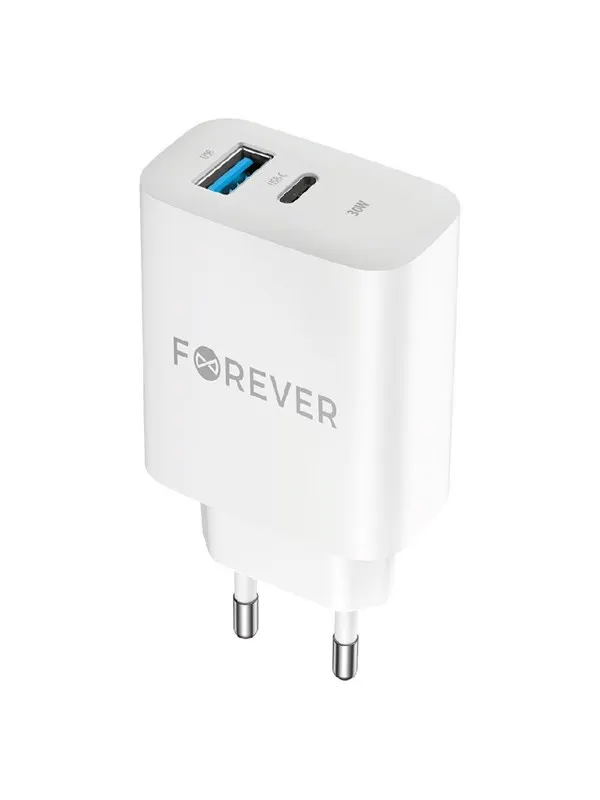 Forever 30W charger 1 x USB-C PD & 1 x USB-A QC white