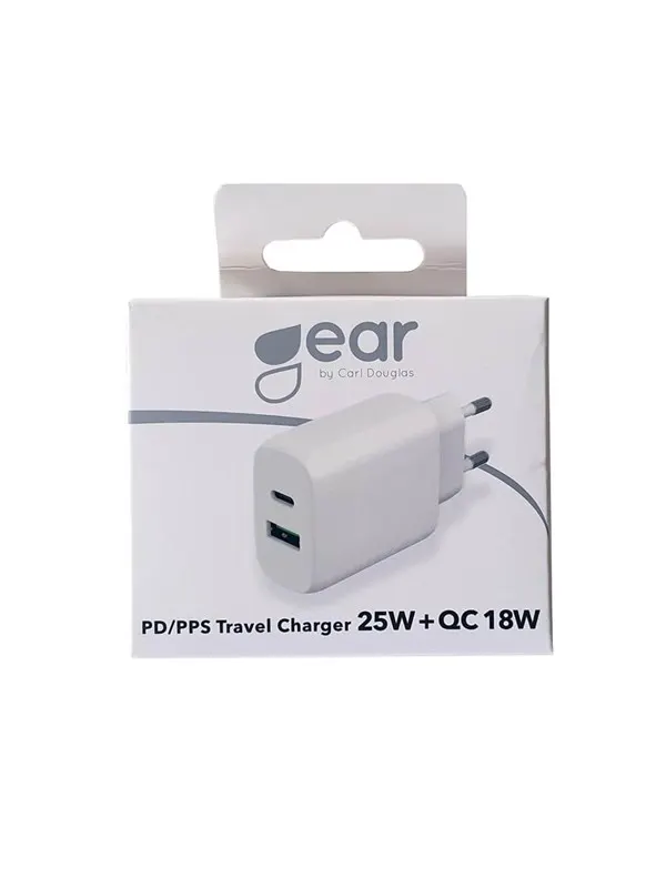 GEAR Charger 220V 1xUSB-C + 1xUSB-A PD/PPS 25W + 18W QC White