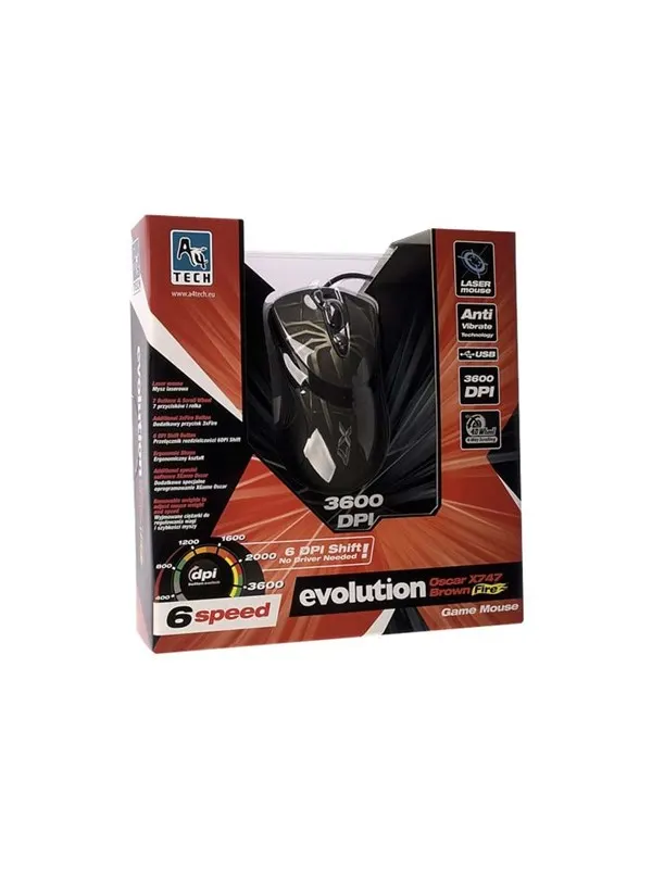 A4Tech EVO XGame Laser Oscar X747 Brown Fire - Mouse - Laser - 7 knappar