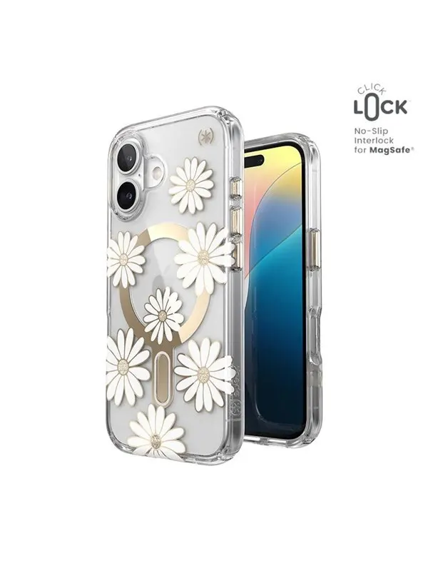 Speck Presidio Lux ClickLock & MagSafe - iPhone 16 Case - Sunshine Daisies / Clear / Gold