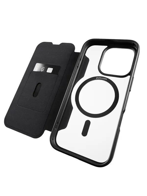 Puro Book Mag MagSafe Leather Case with Flap and Card Slot for iPhone 16 Pro Max - Black