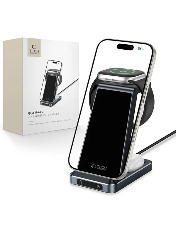 Tech-Protect QI15W-A26 Inductive Charger 15W 3in1 for Smartphone / Headphones / Apple Watch - Black