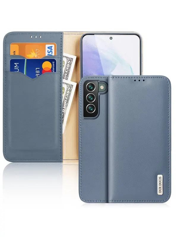Dux Ducis Hivo Leather Flip Case Genuine Leather Cover Card &amp; Document Wallet Samsung Galaxy S22+ (S22 Plus) Blue