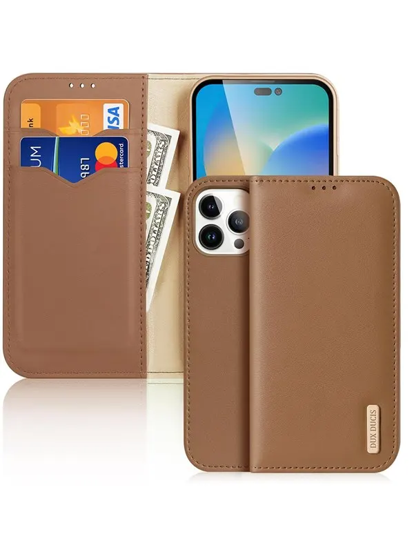 Dux Ducis  Hivo Leather Flip Case Genuine Leather Cover Card &amp; Document Wallet iPhone 14 Pro Max Brown