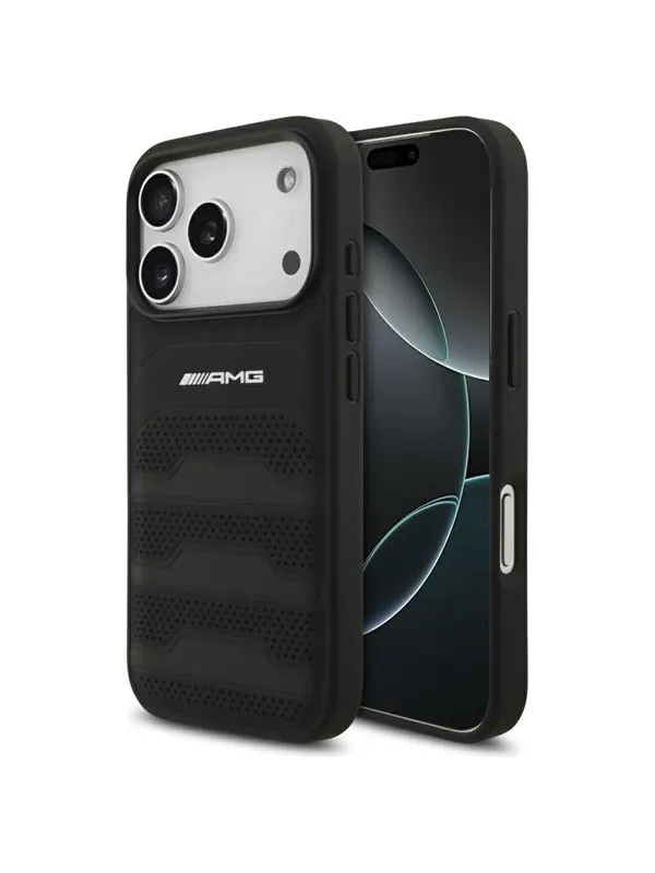 Mercedes AMG Leather Debossed Lines Logo Case for iPhone 17 Pro - Black