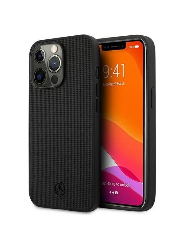Mercedes Leather Meshed Metal Logo Case for iPhone 13 Pro / iPhone 13 - Black