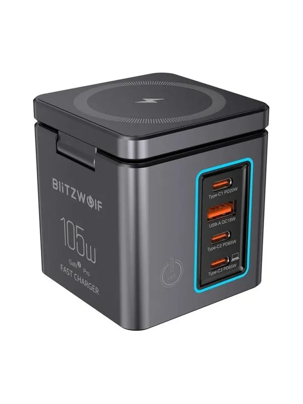 BlitzWolf BWâi113 GaN USBâA + 3xUSBâC 105W Mains Charger
