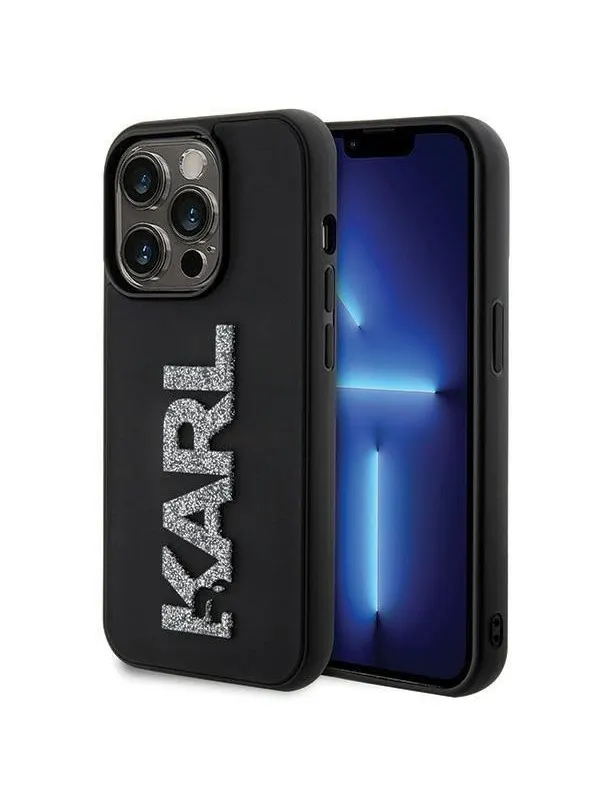 Karl Lagerfeld 3D Rubber Glitter Logo iPhone 15 Pro Case - Black
