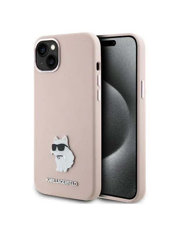 Karl Lagerfeld Silicone Choupette Metal Pin Case for iPhone 15 Plus / 14 Plus - Pink