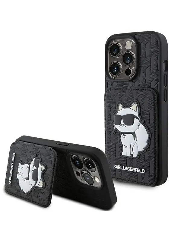 Karl Lagerfeld Saffiano Cardslots and Stand Monogram Choupette Case for iPhone 15 Pro Max - Black