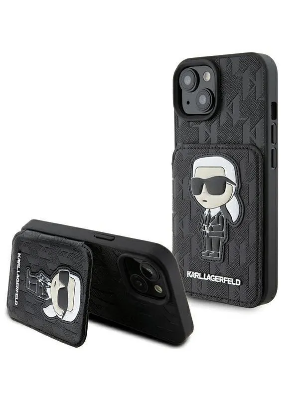 Karl Lagerfeld Saffiano Cardslots and Stand Monogram Ikonik Patch case for iPhone 15 - black