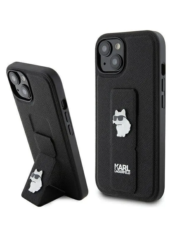 Karl Lagerfeld Gripstand Saffiano Choupette Pins Case for iPhone 15 Plus / 14 Plus - Black